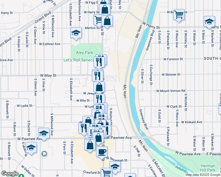map of restaurants, bars, coffee shops, grocery stores, and more near 910 West Jewell Street in Wichita