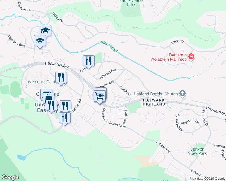 map of restaurants, bars, coffee shops, grocery stores, and more near 2707 Tribune Avenue in Hayward