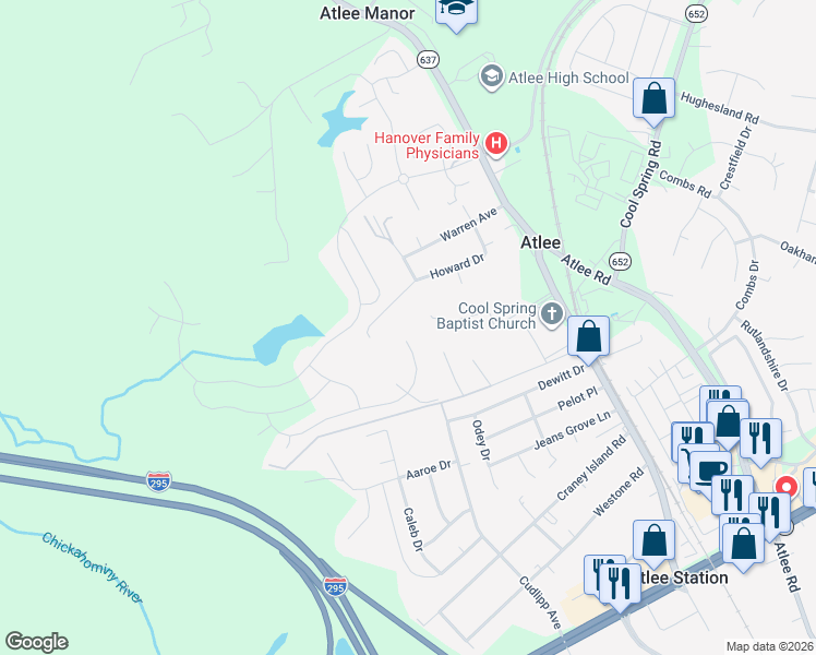 map of restaurants, bars, coffee shops, grocery stores, and more near 9128 Mills Lane in Mechanicsville