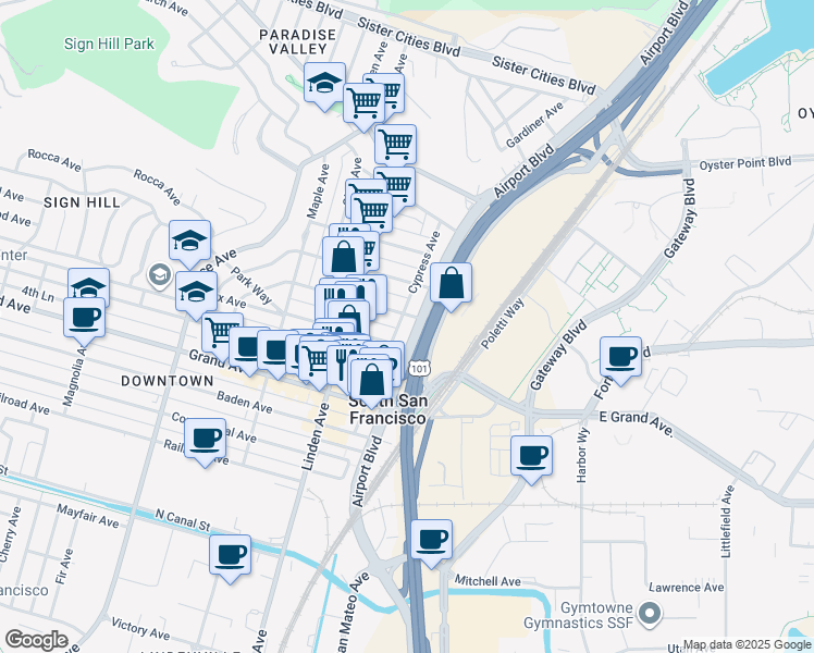 map of restaurants, bars, coffee shops, grocery stores, and more near 203 California Avenue in South San Francisco
