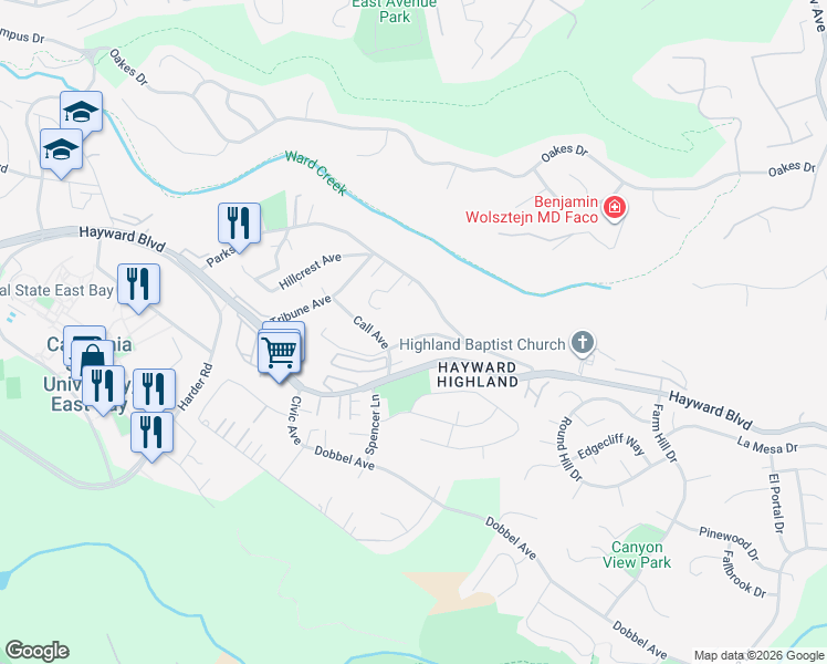 map of restaurants, bars, coffee shops, grocery stores, and more near 26967 Parkside Drive in Hayward