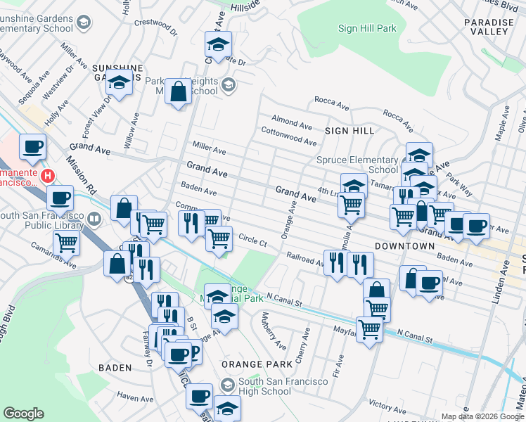 map of restaurants, bars, coffee shops, grocery stores, and more near 737 Baden Avenue in South San Francisco