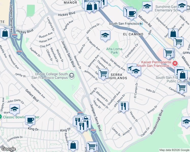 map of restaurants, bars, coffee shops, grocery stores, and more near 556 Keoncrest Drive in South San Francisco