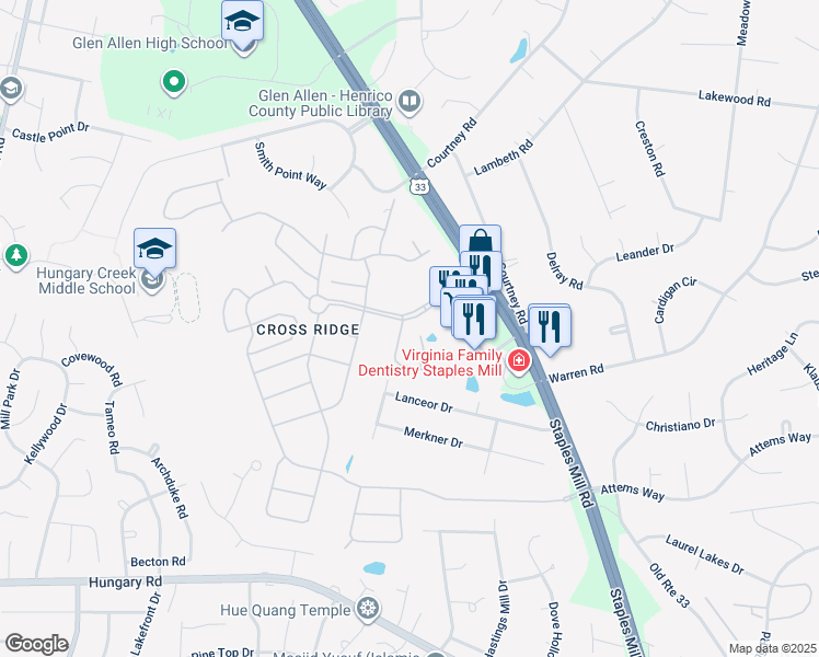 map of restaurants, bars, coffee shops, grocery stores, and more near 3484 Fitchetts Lane in Glen Allen