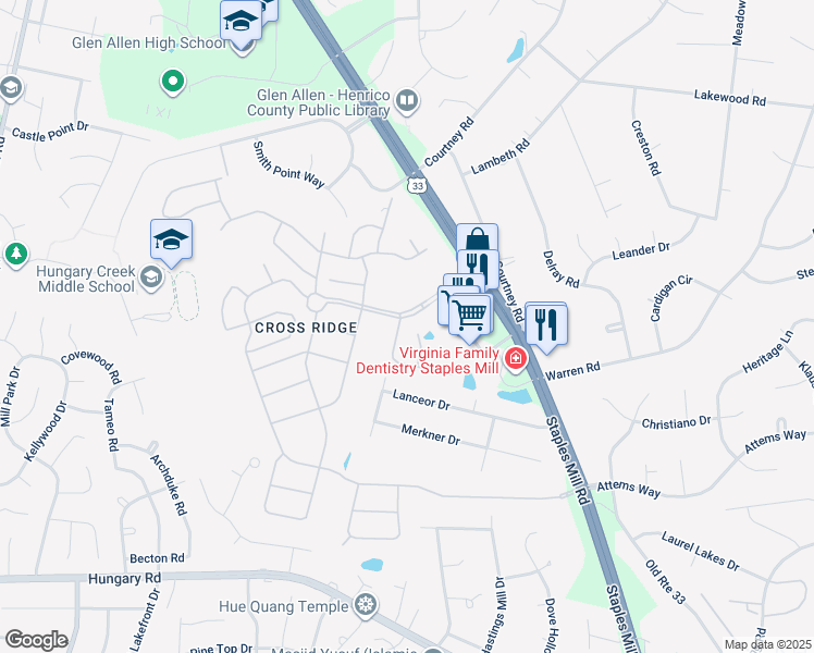 map of restaurants, bars, coffee shops, grocery stores, and more near 3484 Fitchetts Lane in Glen Allen