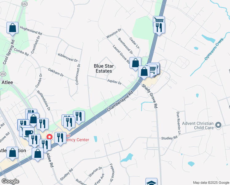 map of restaurants, bars, coffee shops, grocery stores, and more near 9435 Chamberlayne Road in Mechanicsville