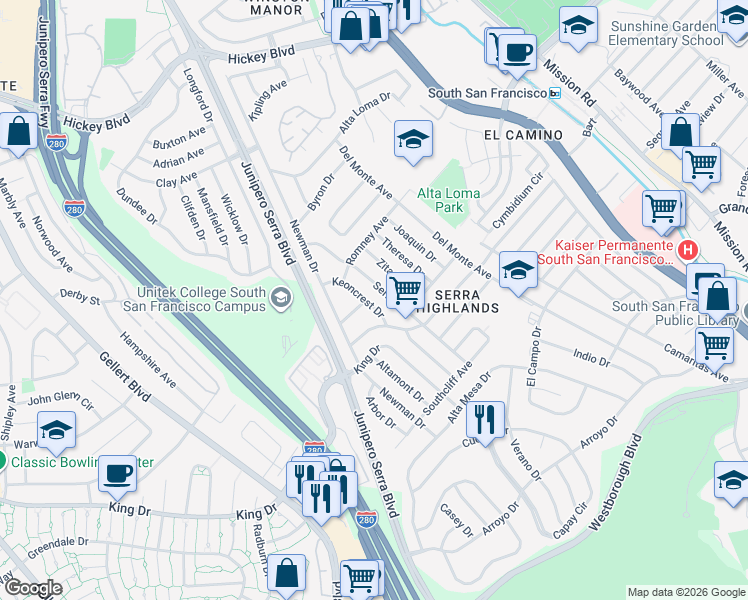 map of restaurants, bars, coffee shops, grocery stores, and more near 556 Keoncrest Drive in South San Francisco