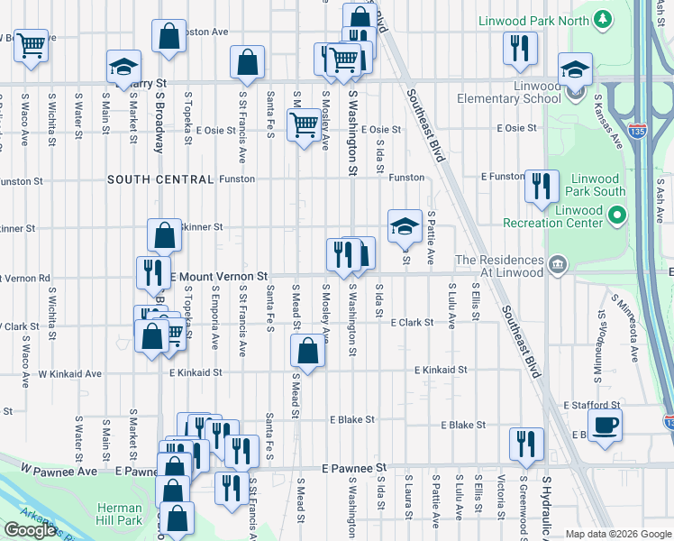 map of restaurants, bars, coffee shops, grocery stores, and more near 1944 South Mosley Street in Wichita