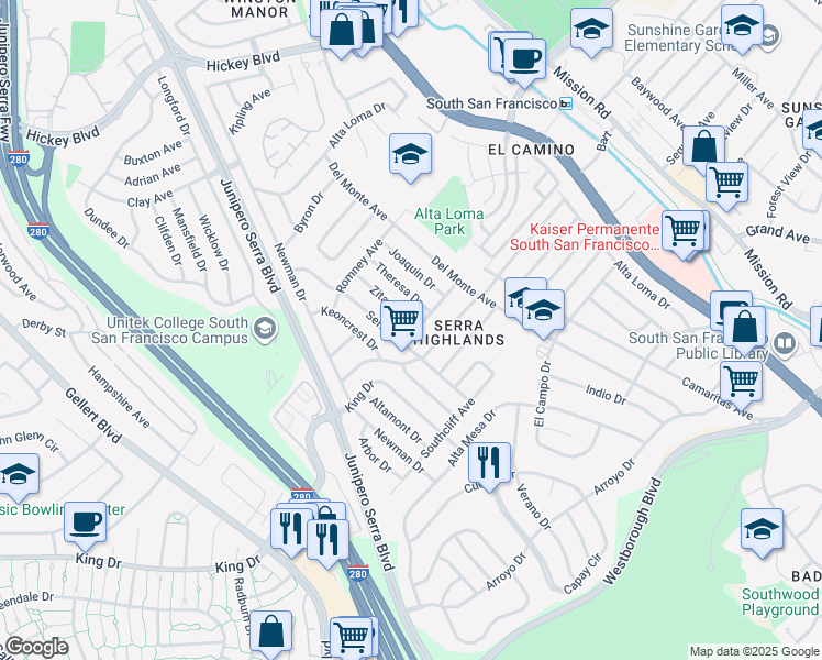 map of restaurants, bars, coffee shops, grocery stores, and more near 172 Lacrosse Avenue in South San Francisco