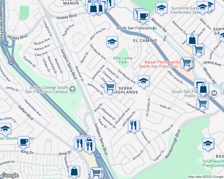 map of restaurants, bars, coffee shops, grocery stores, and more near 172 Lacrosse Avenue in South San Francisco