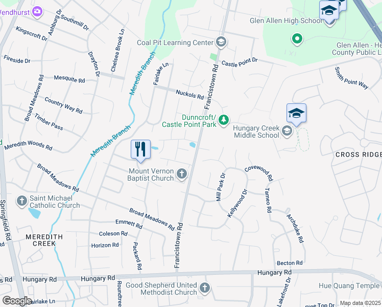 map of restaurants, bars, coffee shops, grocery stores, and more near 9101 Pond Mill Court in Glen Allen