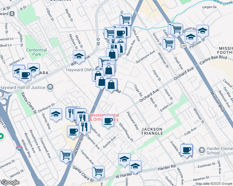 map of restaurants, bars, coffee shops, grocery stores, and more near 24627 Soto Road in Hayward