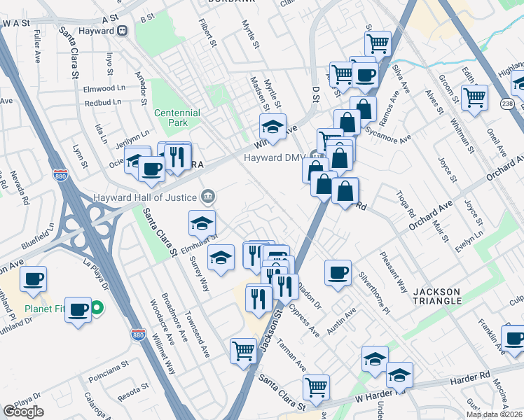 map of restaurants, bars, coffee shops, grocery stores, and more near 24530 Diamond Ridge Drive in Hayward