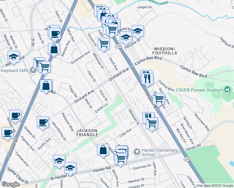 map of restaurants, bars, coffee shops, grocery stores, and more near 25013 Whitman Street in Hayward