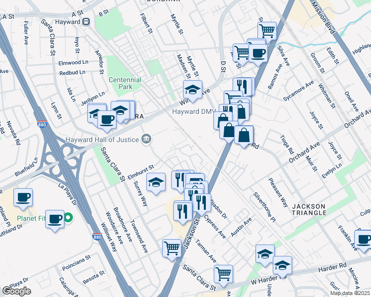 map of restaurants, bars, coffee shops, grocery stores, and more near 24530 Diamond Ridge Drive in Hayward