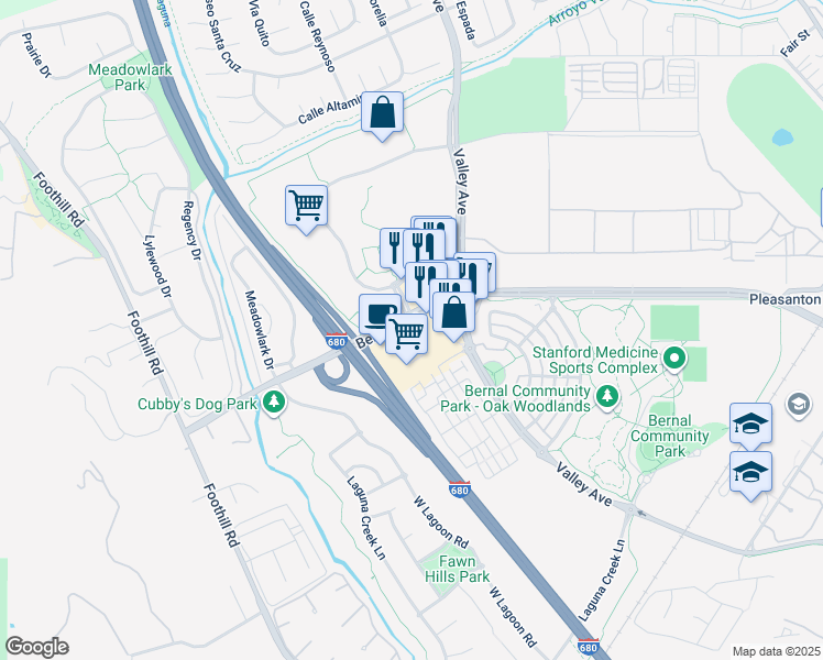map of restaurants, bars, coffee shops, grocery stores, and more near 6778 Bernal Avenue in Pleasanton