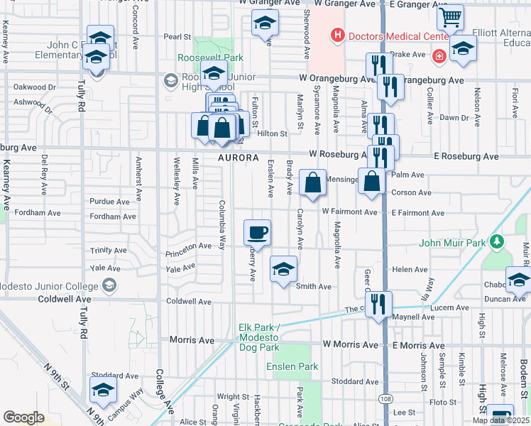 map of restaurants, bars, coffee shops, grocery stores, and more near 608 West Fairmont Avenue in Modesto