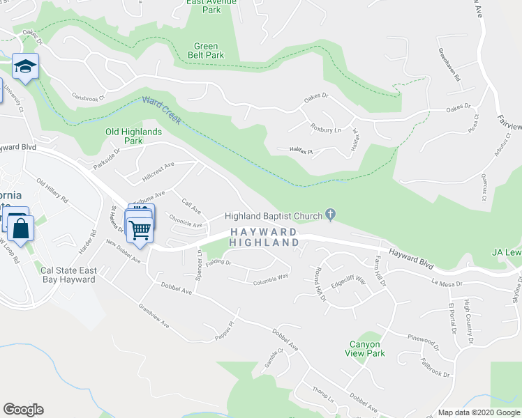 map of restaurants, bars, coffee shops, grocery stores, and more near 27110 Parkside Drive in Hayward