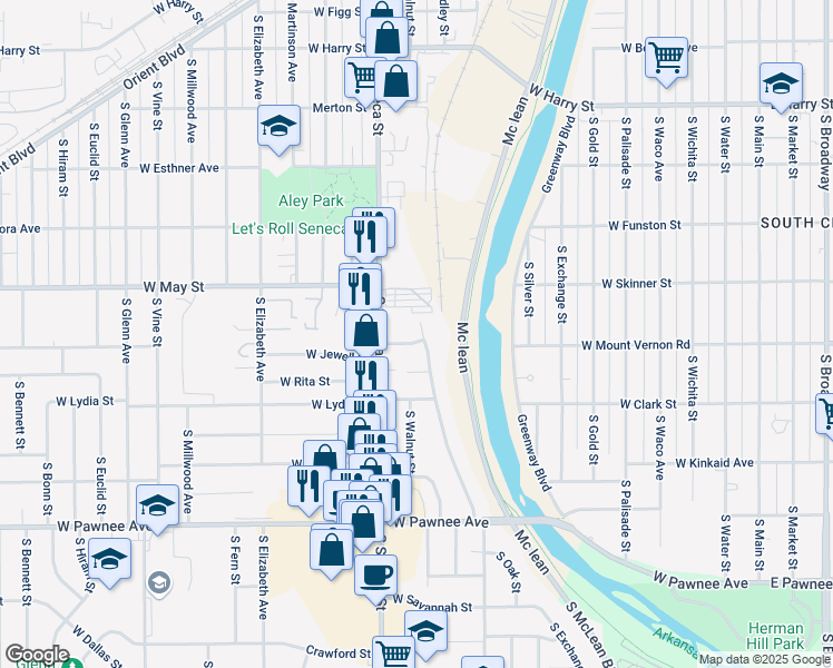 map of restaurants, bars, coffee shops, grocery stores, and more near 910 Jewell Street in Wichita