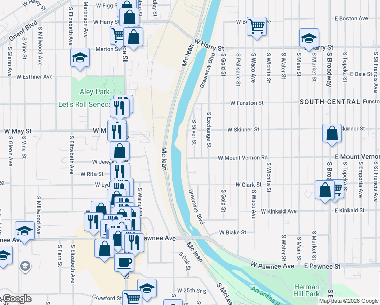 map of restaurants, bars, coffee shops, grocery stores, and more near 1951 South Silver Street in Wichita