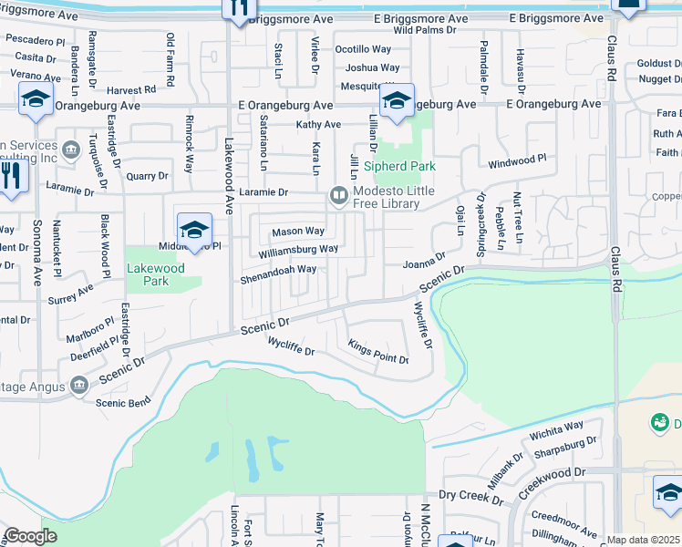 map of restaurants, bars, coffee shops, grocery stores, and more near 1020 Clarksburg Way in Modesto