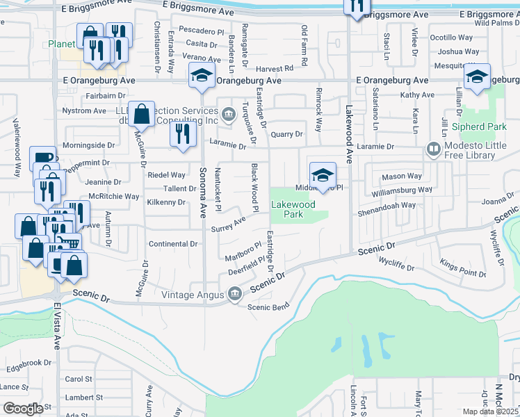 map of restaurants, bars, coffee shops, grocery stores, and more near 1004 Black Wood Place in Modesto