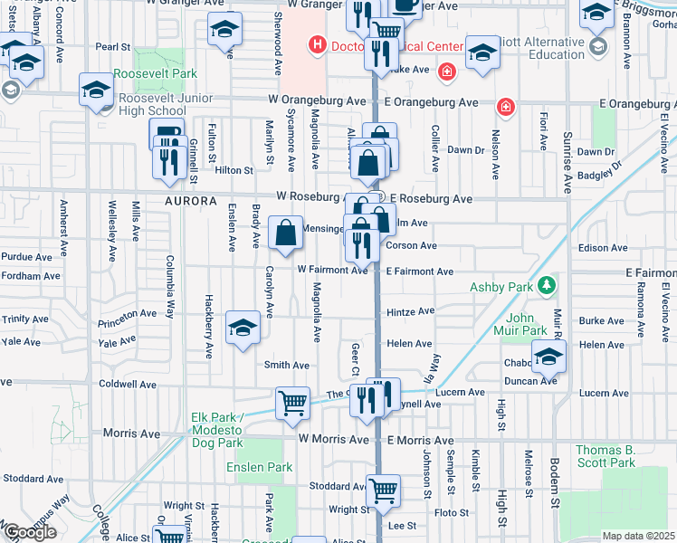 map of restaurants, bars, coffee shops, grocery stores, and more near 1001 Douglas Avenue in Modesto