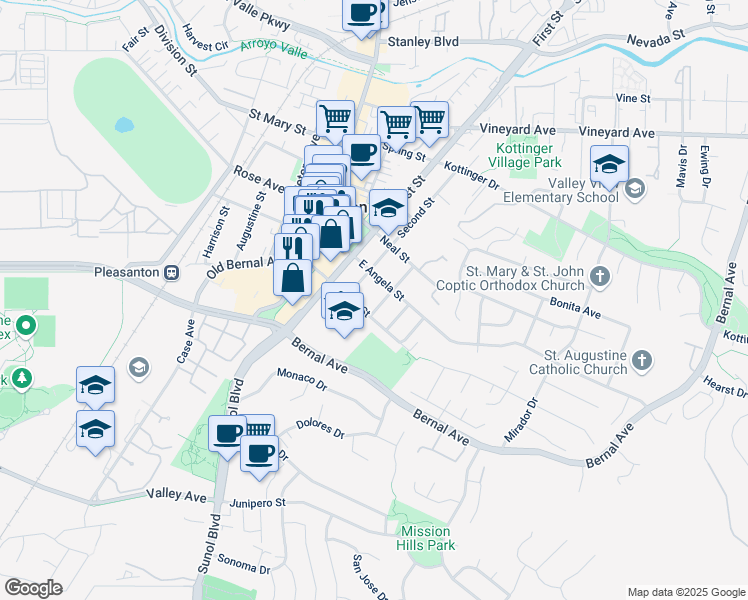 map of restaurants, bars, coffee shops, grocery stores, and more near 4625 Third Street in Pleasanton