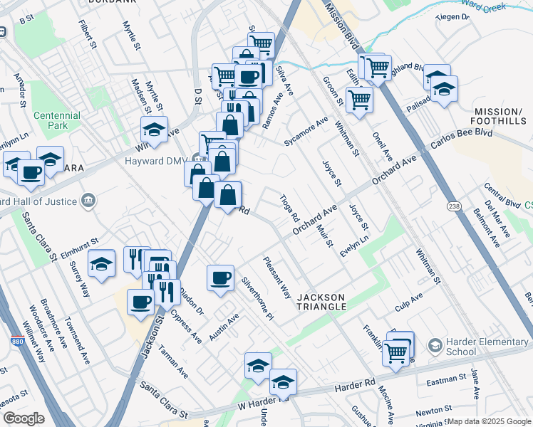 map of restaurants, bars, coffee shops, grocery stores, and more near 24659 Lyell Way in Hayward