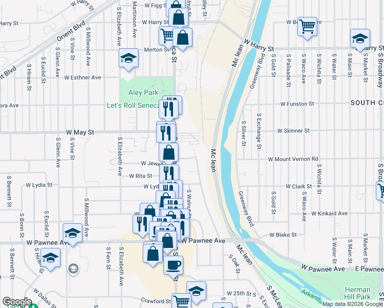 map of restaurants, bars, coffee shops, grocery stores, and more near 910 Jewell Street in Wichita