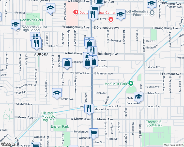 map of restaurants, bars, coffee shops, grocery stores, and more near McHenry Avenue & East Fairmont Avenue in Modesto