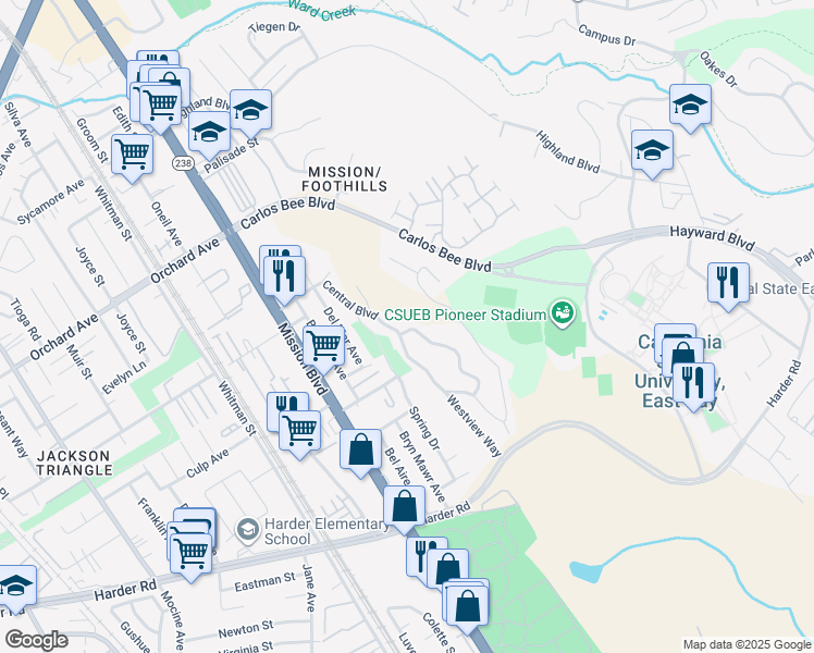map of restaurants, bars, coffee shops, grocery stores, and more near 25552 Maitland Drive in Hayward