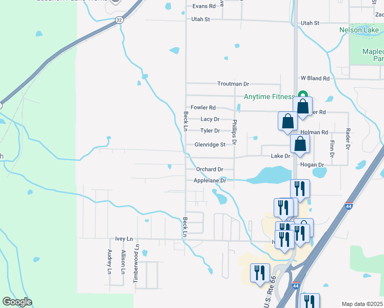 map of restaurants, bars, coffee shops, grocery stores, and more near 1239 Lake Drive in Lebanon