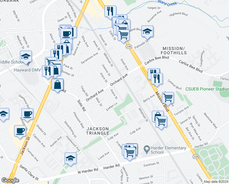 map of restaurants, bars, coffee shops, grocery stores, and more near 24944 Joyce Street in Hayward