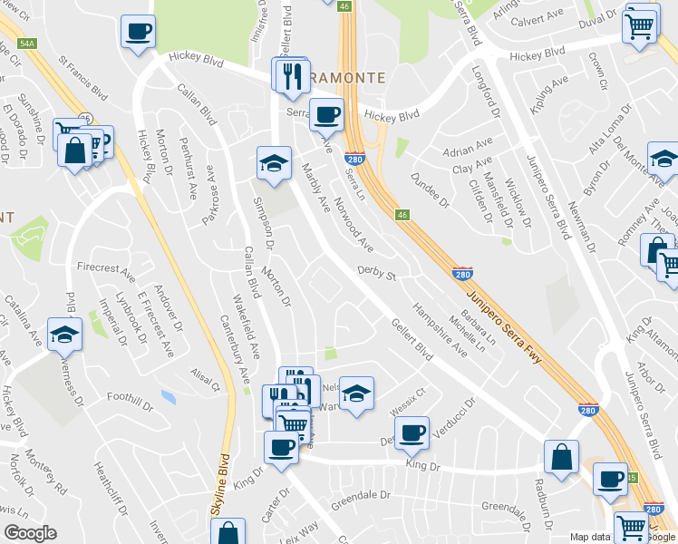 map of restaurants, bars, coffee shops, grocery stores, and more near 634 Gellert Blvd in Daly City