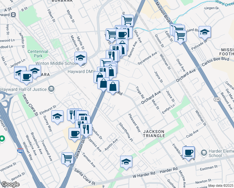 map of restaurants, bars, coffee shops, grocery stores, and more near 24627 Soto Road in Hayward