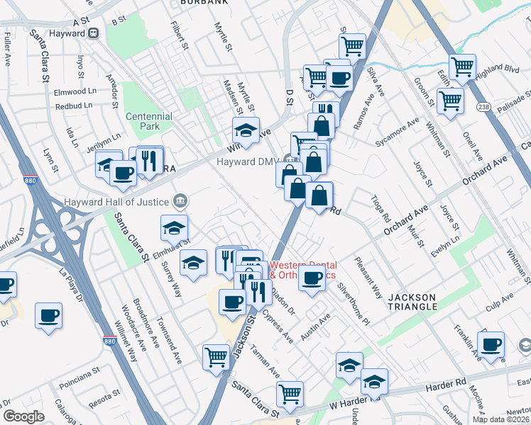 map of restaurants, bars, coffee shops, grocery stores, and more near 16 West Jackson Street in Hayward