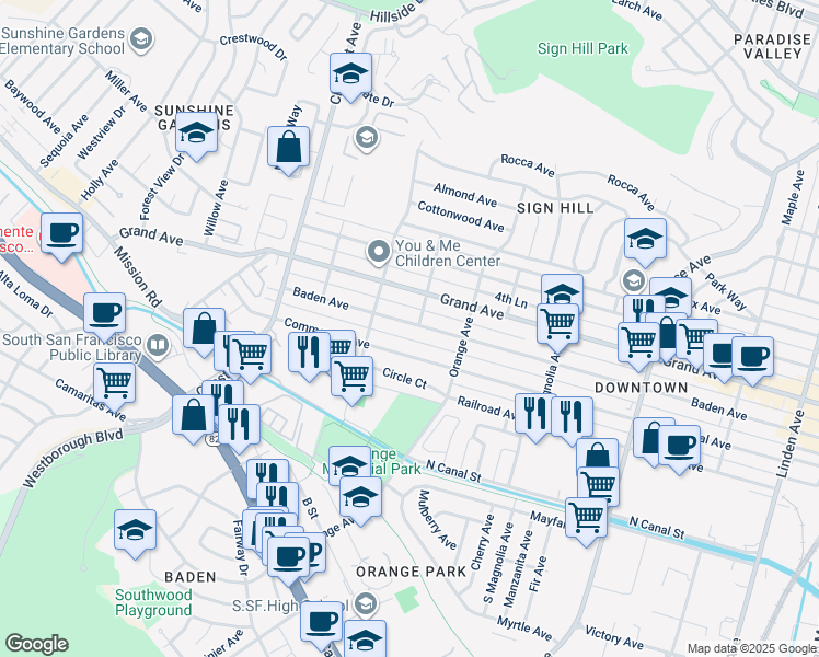 map of restaurants, bars, coffee shops, grocery stores, and more near 745 Baden Avenue in South San Francisco