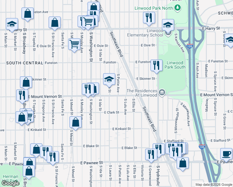 map of restaurants, bars, coffee shops, grocery stores, and more near 1224 East Mount Vernon Street in Wichita