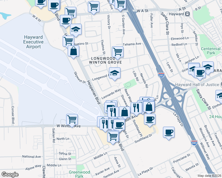 map of restaurants, bars, coffee shops, grocery stores, and more near 912 Cottonwood Avenue in Hayward