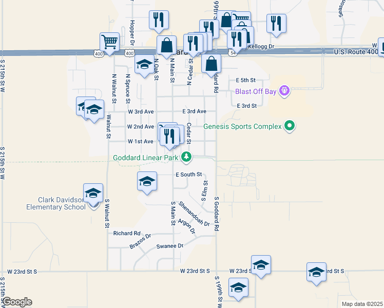 map of restaurants, bars, coffee shops, grocery stores, and more near 108 Cedar Street in Goddard