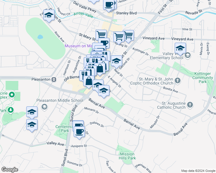 map of restaurants, bars, coffee shops, grocery stores, and more near 4698 Second Street in Pleasanton
