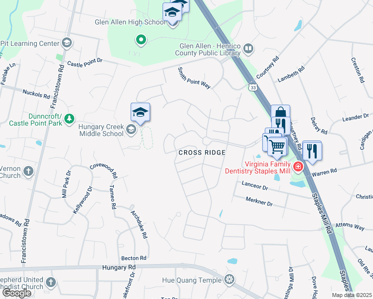 map of restaurants, bars, coffee shops, grocery stores, and more near 836 Fair Port Circle in Glen Allen