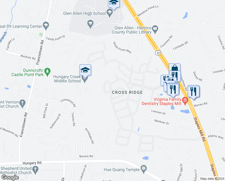 map of restaurants, bars, coffee shops, grocery stores, and more near 845 Fair Port Circle in Glen Allen