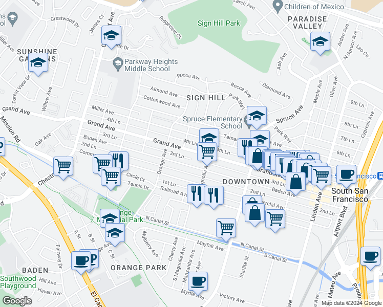 map of restaurants, bars, coffee shops, grocery stores, and more near 631 Grand Avenue in South San Francisco