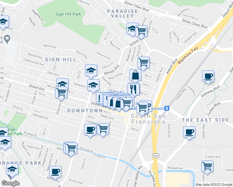 map of restaurants, bars, coffee shops, grocery stores, and more near 419 Maple Avenue in South San Francisco