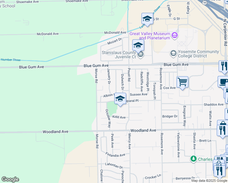 map of restaurants, bars, coffee shops, grocery stores, and more near 1509 Swarthmore Drive in Modesto