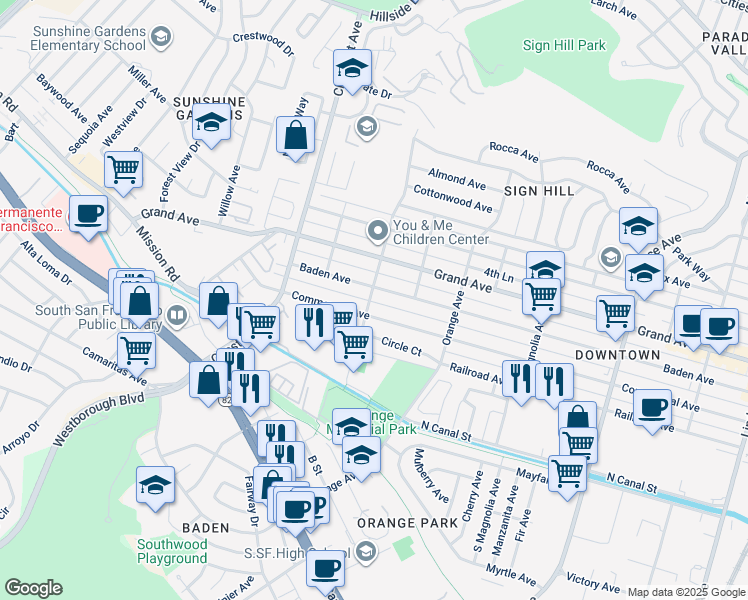 map of restaurants, bars, coffee shops, grocery stores, and more near 112 Eucalyptus Avenue in South San Francisco
