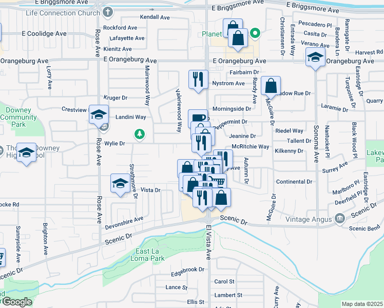 map of restaurants, bars, coffee shops, grocery stores, and more near 2124 Wylie Drive in Modesto