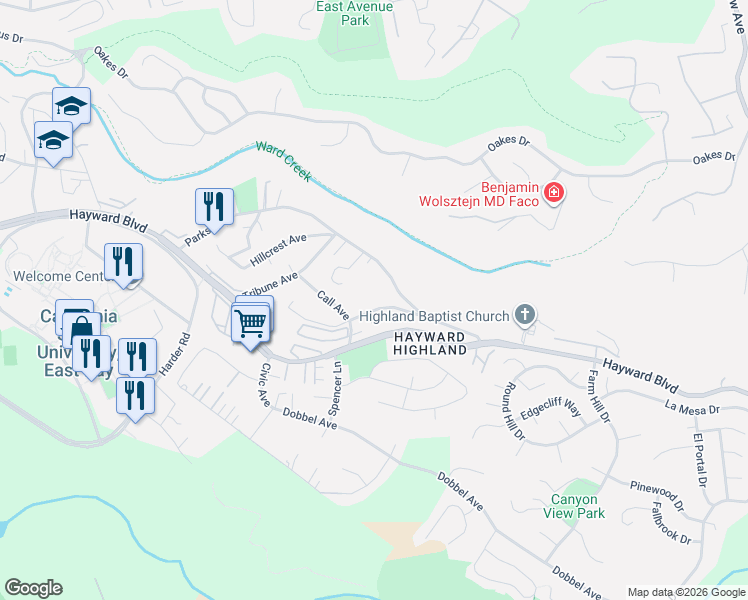 map of restaurants, bars, coffee shops, grocery stores, and more near 26967 Parkside Drive in Hayward